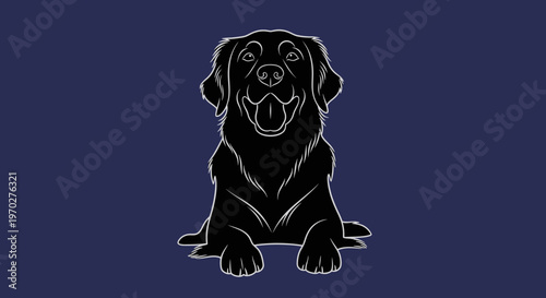 Black Labrador Retriever dog sitting on a dark blue background, outline illustration.