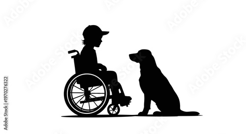 Child in wheelchair with service dog silhouette.