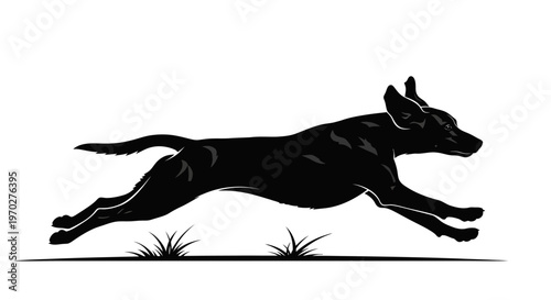 Dynamic silhouette of a running dog in full stride.