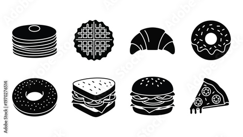 A collection of popular breakfast lunch and dessert items depicted in a flat black silhouette high quality professional detailed modern elegant