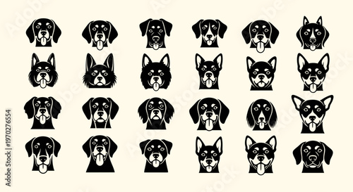 Collection of diverse dog breed head portraits in a stylized vector art.