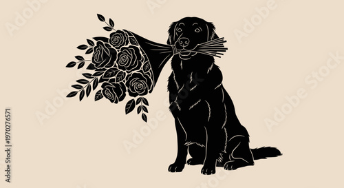 Black Labrador Retriever holding a bouquet of roses in its mouth.