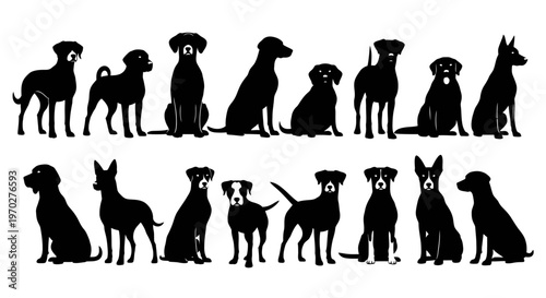 Collection of diverse dog breed silhouettes in various poses.