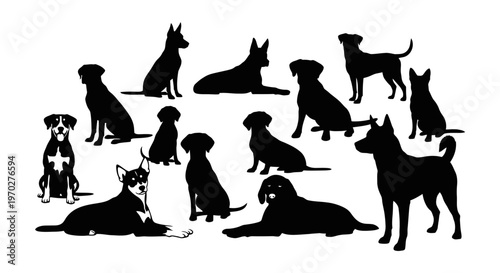 Collection of diverse dog breed silhouettes in various poses.
