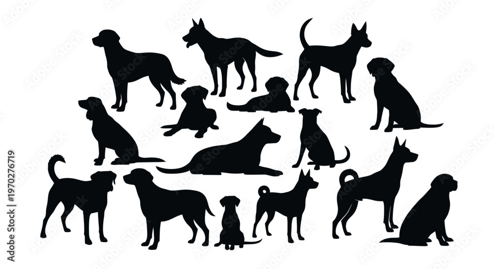 Fototapeta premium Diverse collection of dog breed silhouettes in various poses on a white background.