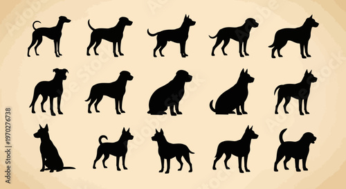 Diverse collection of dog breed silhouettes in various poses.