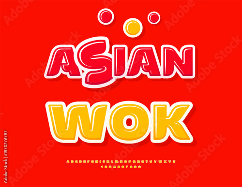 Vector Cooking logo Asian Wok. Modern Glossy Font. Artistic Alphabet Letters and Numbers set.