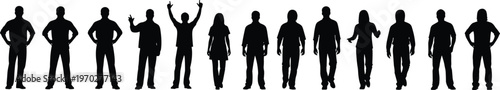 Large Collection of Diverse People Silhouettes Featuring Men and Women in Various Standing Poses and Actions Isolated on White Background for Graphic Design