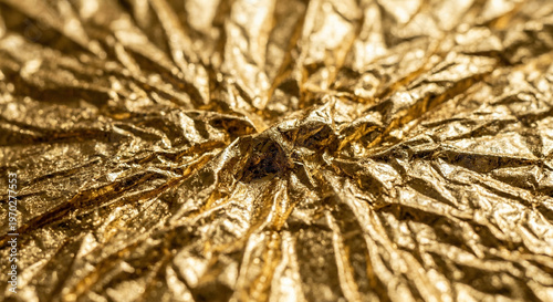 The crinkled, luxurious topography of radiating gold foil with a deep central void.