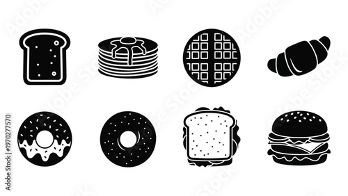 A collection of breakfast and baked goods rendered as simple black shapes emphasizing form and outline silhouette high quality professional detailed