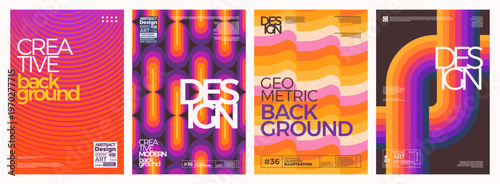 Abstract geometric backgrounds set. Modern template illustrations with stripes, circles, patterns, lines. Vintage colorful design for advertising, poster, landing pages, banner, flyer, branding, cover