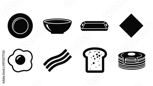 A collection of breakfast food icons including eggs bacon toast and pancakes in a stark silhouette high quality professional detailed modern