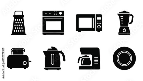 A collection of black kitchen appliances including a toaster blender and microwave in a stark silhouette high quality professional detailed modern