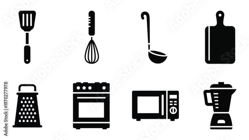 A collection of black kitchen utensils and appliances displayed against a white background presented as a silhouette high quality professional detailed