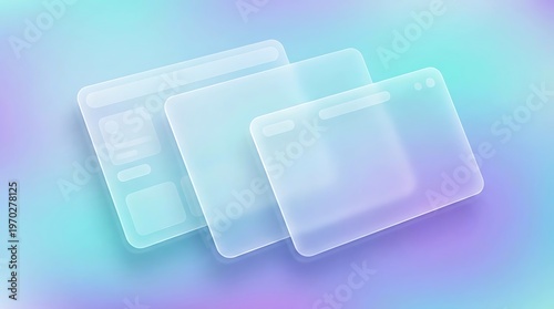 Abstract translucent overlapping UI elements with frosted glass effect on a gradient background of blue, green, and purple, user interface, web design