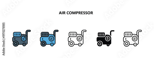 Air compressor icon different style vector illustration, two color and black versions, filled outline line and stroke design, web mobile ui interface usage.