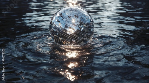 Disco ball floating on rippling water surface at dusk