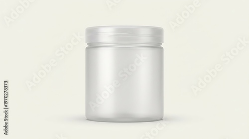 Empty frosted translucent plastic jar with screw-on lid on a minimal white background for product mockup