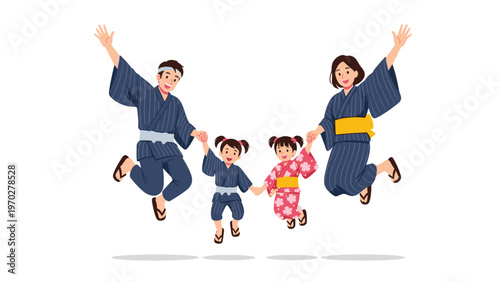 Happy Japanese family of four wearing traditional blue and pink yukatas jumps high in the air against a plain white background for joy.