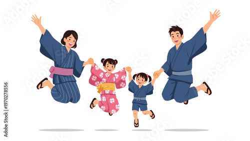 Joyful family of four jumps together in excitement while wearing traditional japanese cotton yukatas for a summer festival or holiday theme.