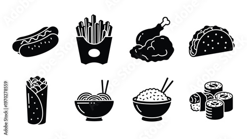 A collection of fast food items including hot dogs fries chicken tacos and sushi in silhouette high quality professional detailed modern