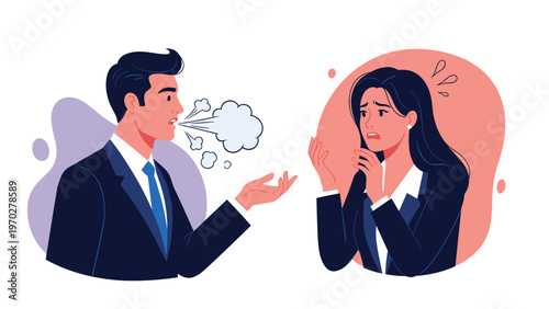 Businessman suffering from bad breath attempts to speak with a female colleague who looks distressed and covers her face due to the odor.