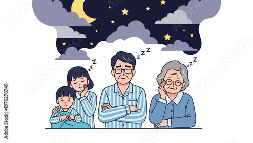 Tired multi-generational family in pajamas appears exhausted with dark circles under their eyes during a sleepless night with a moon in sky.