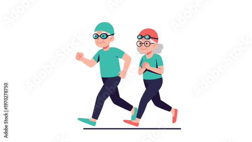 Active senior couple wearing green shirts and sunglasses enjoys a healthy lifestyle by jogging together for fitness and cardiovascular health.
