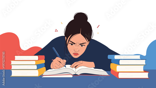 Dedicated female student focuses intently on her studies while sitting at a desk surrounded by tall piles of colorful books for exam prep.