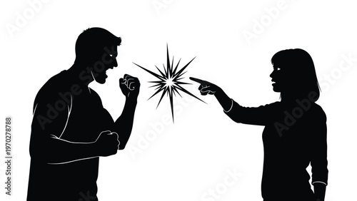 Stark silhouette of a man and a woman engaged in a loud and angry argument highlights conflict or relationship issues between two people.