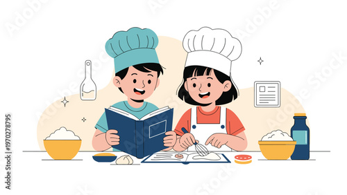 Two young children dressed as professional chefs wear white hats while following a recipe from a book to cook or bake together in a kitchen.