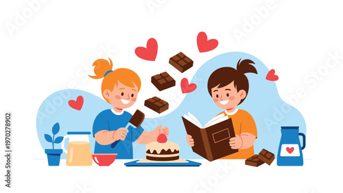 Two happy girls enjoy making a chocolate cake together while reading a cookbook with heart icons floating around to show their love for baking.