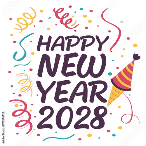 A vibrant and colorful illustration proclaims happy new year 2028 with festive decorations and a party hat high quality professional