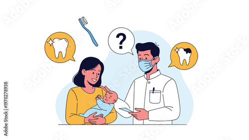 Concerned mother holding her baby consults a professional dentist in a white coat about infant tooth health and preventative dental care.