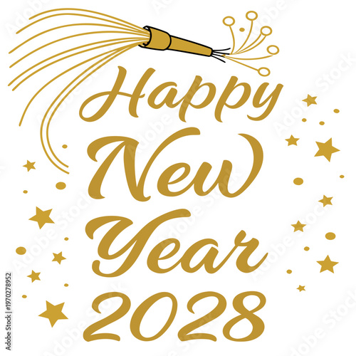 A golden party popper bursts with celebratory flair alongside the handwritten text happy new year 2028 and scattered stars