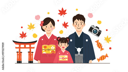 Happy Japanese family wearing colorful traditional kimonos stands in front of a shinto shrine gate with autumn leaves and festive icons.