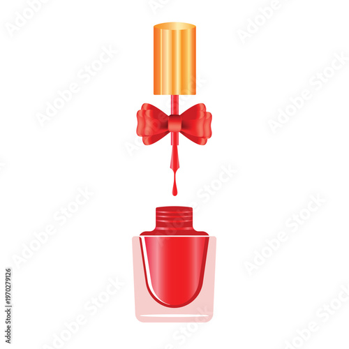 A bottle of bright red nail polish with a red bow and a gold cap