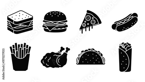 A collection of fast food items including sandwiches burgers pizza and hotdogs shown in black silhouette high quality professional detailed modern
