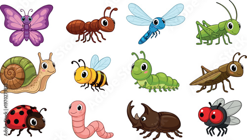 Cute cartoon insects and bugs vector set with butterfly, ant, dragonfly, grasshopper, snail, bee and colorful characters illustration collection