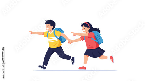 Two energetic students with blue backpacks run and point forward as if racing toward their goals or discovering something exciting at school.