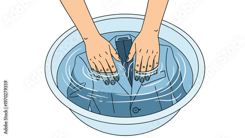 Human hands are shown carefully hand-washing a blue suit jacket in a basin of water for delicate fabric care and professional maintenance.