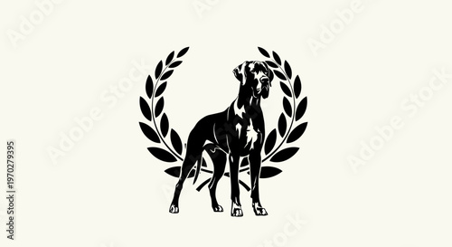 Elegant Great Dane dog standing proudly within a laurel wreath.