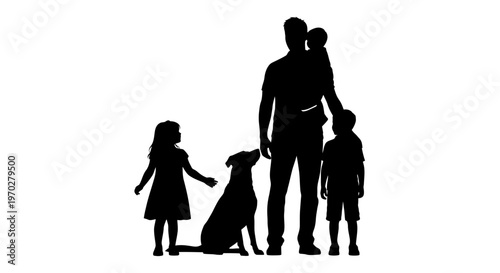 Silhouette of a father with his three children and a dog, depicting family life and togetherness.