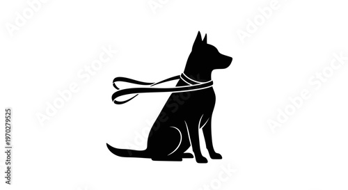 Silhouette of a dog with a leash, sitting patiently, isolated on a white background.