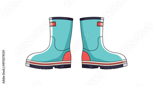 Pair of blue waterproof rubber rain boots with red trim and white soles standing ready for wet weather activities.