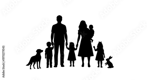 Silhouette of a happy family with children and pets.