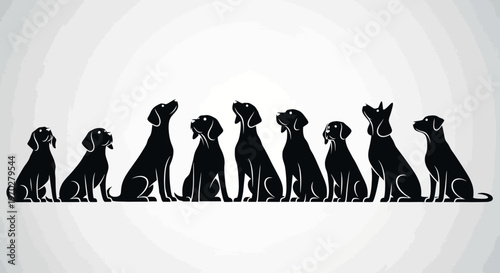 Silhouette of a group of dogs sitting in a row on a white background.