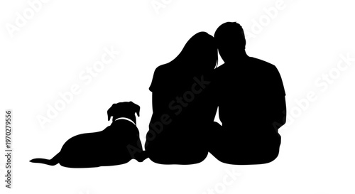 Silhouette of a loving couple and their dog sitting together.