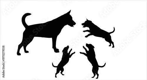 Silhouette of a large dog with three playful puppies on a white background.