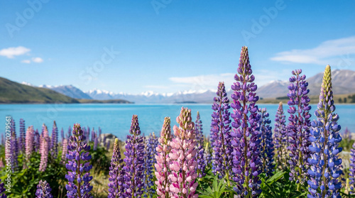 Принти на полотні Vibrant purple and pink lupin flowers bloom by a turquoise glacial lake with snow-capped mountains under a blue sky